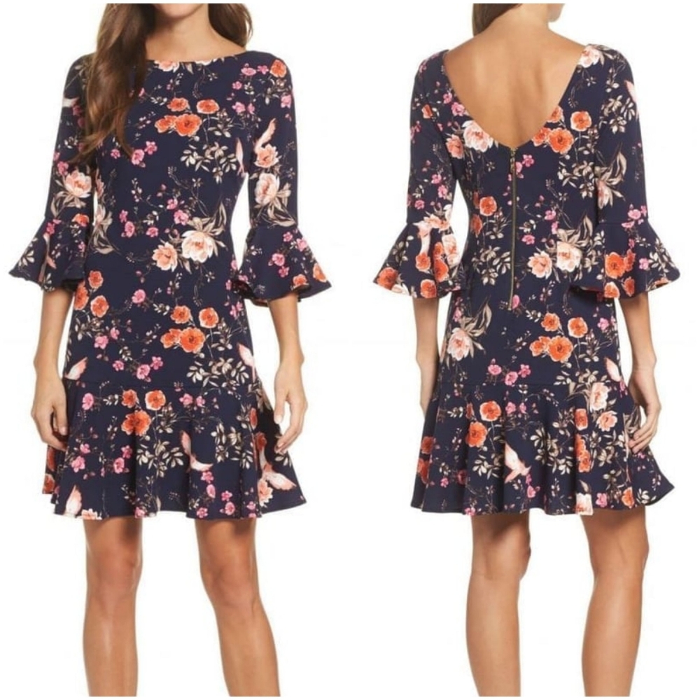 Eliza J Navy Floral Bell Sleeved Dress 14 Ruffle Bird 3/4 Sleeves